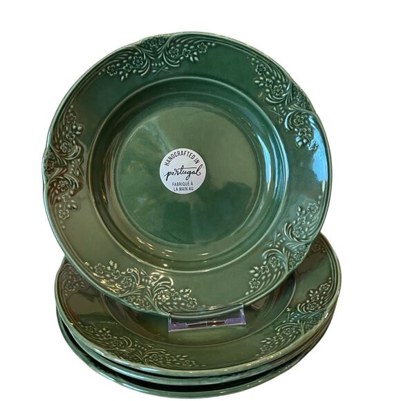 Villa Stoneware Portugal Green Ceramic Bowls 9.5" Floral Border Set of 4 NEW - Picture 1 of 14